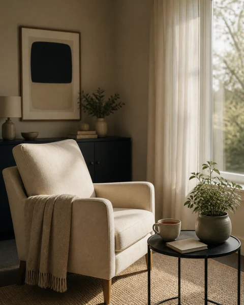 Un sillón vacío junto a una ventana con luz suave de la tarde.
